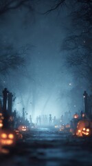 Extraterrestrial travelers navigating moonlit forest path, glowing jack o lanterns casting eerie shadows during supernatural halloween encounter