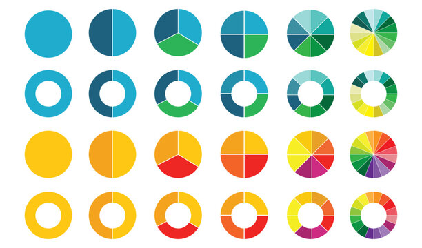 Set of colorful pie charts. Colorful pie charts with varying segments. Circle section graph. Pie chart set. Pie charts diagrams. Different color circles. donut and pie chart infographic elements set.