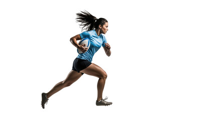 Dynamic Rugby Player in Action: A female rugby athlete charges ahead with powerful strides, clutching the ball tight as she races across the field, embodying strength, agility.