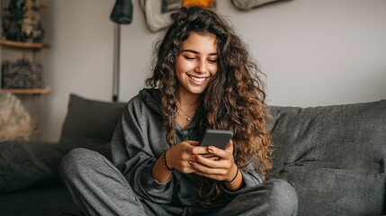 happy millennial hispanic teen girl checking social media holding smartphone at home smiling young latin woman using mobile phone app playing game shopping online ordering delivery relax on sofa no l