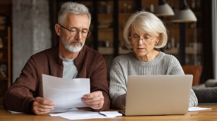 middle aged senior old couple holding documents reading paper bills paying bank loan online calculating pension fees payments taxes planning family retirement money finances using laptop at home no l