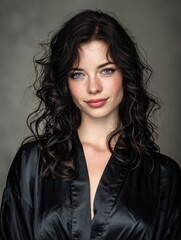 Fototapeta premium confident woman with dark wavy hair blue eyes fair skin wearing black satin robe natural makeup studio portrait