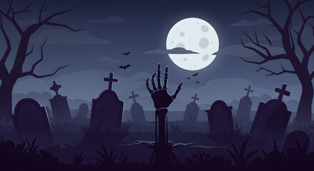 Spooky Halloween Graveyard Scene Zombie Hand Reaching From Grave Under Full Moon
