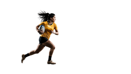Dynamic Rugby Player in Action: A determined rugby player sprints forward, ball clutched tightly, her focused gaze and powerful stride capture the essence of athleticism and competition.