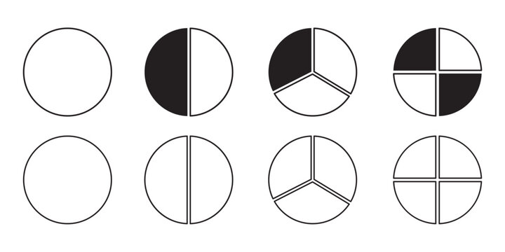 Circle pie chart diagram. Circle division infographic icon set. Loading bar set diagram multicolored collection. Pie chart divided 1,2,3,4,5,6,7,8 equal parts.