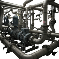 Realistic image of Industrial Steel Pipe System with Pressure Gauges on Transparent Background