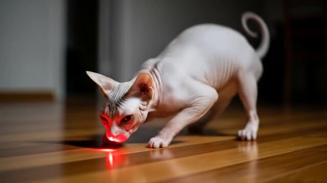 Hairless Cat Stalking Red Laser Pointer in Home Interior