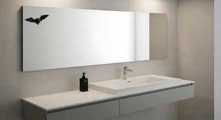 Modern bathroom vanity with sleek mirror and bat decoration for halloween season