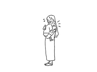 ぐずる小さい子供を抱っこしてあやすお母さん、線画