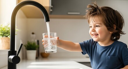 Boy fills glass with water from faucet child drinking water