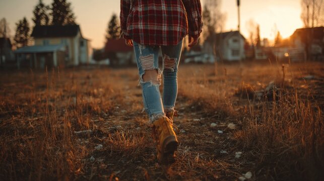 Person Walking Away at Sunset in a Field