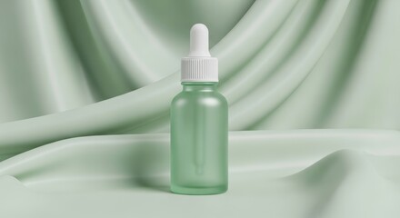 A close-up shot of a green glass bottle with a dropper, set against a soft, draped fabric background.