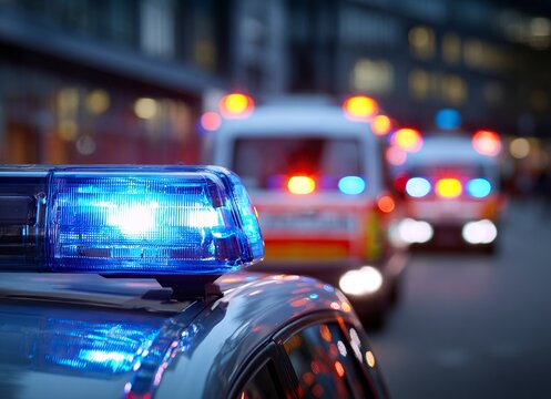 amb glm blue light flasher on top of an ambulance car close up photo, blurred background with another ambulances in the backgroun