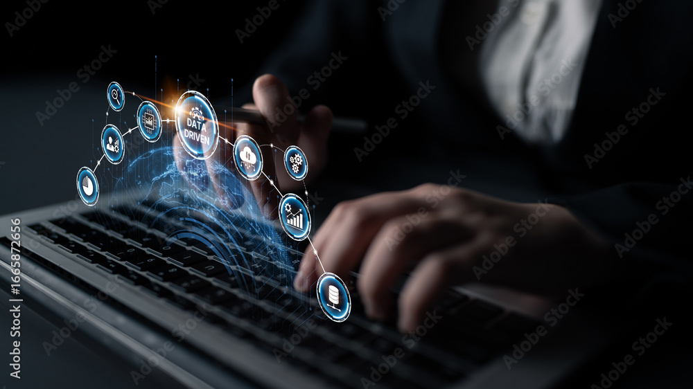 Poster data-driven decision-making empowers business through analytics, datum collection, and ai systems. d