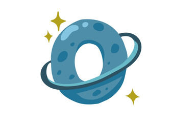 Playful blue letter O designed as a planet with craters and a ring, surrounded by stars—perfect for space-themed educational content for kids. © ElviraArtstar