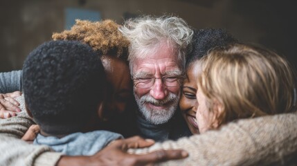 group of multigenerational people hugging each others  support multiracial and diversity concept  main focus on senior man with white hairs no logos no brands ar 169