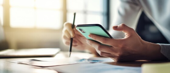 Obraz premium The Smartphone in Hands Over Documents on a Sunlit Modern Office Desk