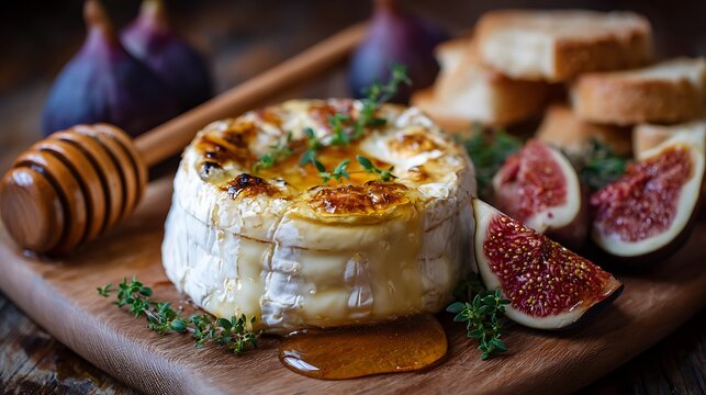 Baked camembert cheese served with honey and fresh figs