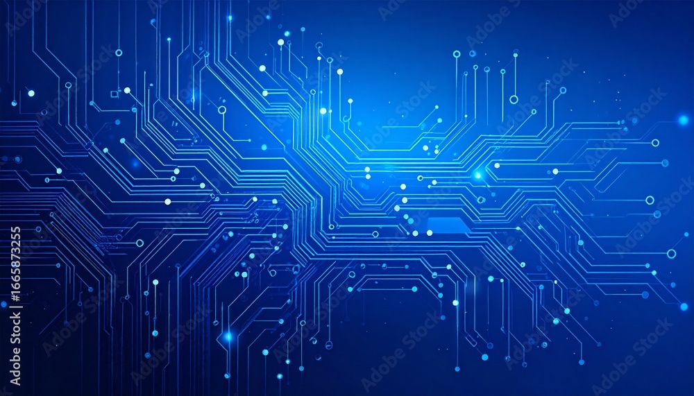 Poster an integrated circuit board pattern with blue lines, a technological and digital background, represe