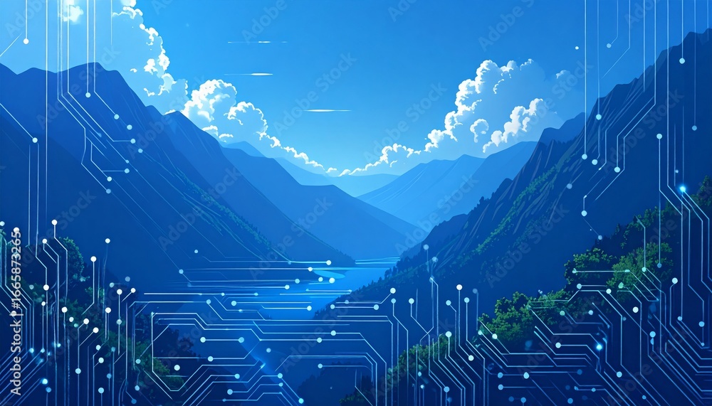 Poster an integrated circuit board pattern with blue lines, a technological and digital background, represe