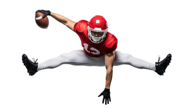 Football Player in Mid-Air: An American football player leaps, perfectly poised in mid-air, poised to throw the ball, showcasing dynamic athleticism and determination. - Powered by Adobe