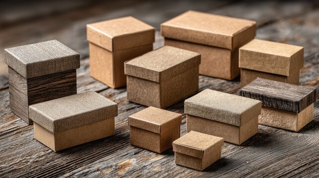 Various-sized cardboard boxes on wood