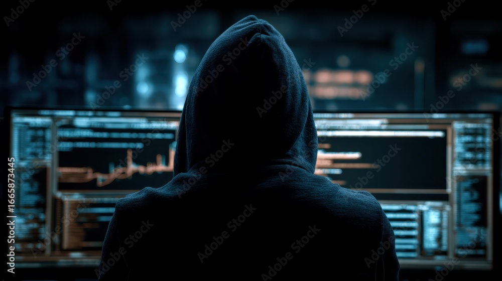 Poster hacker using computer with chart web safety and cyberspace concept no logos no brands ar 169