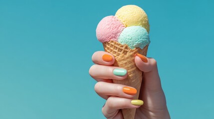 Woman's Hand Holding a Pastel Ice Cream Cone Against a Blue Sky