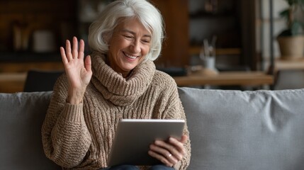 happy 60s older mature middle aged adult woman waving hand holding digital tablet computer video conference calling by social distance virtual family online chat meeting sitting on couch at home no l
