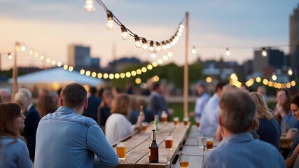 Sunset gathering with string lights creates warm, inviting atmosphere for community engagement
