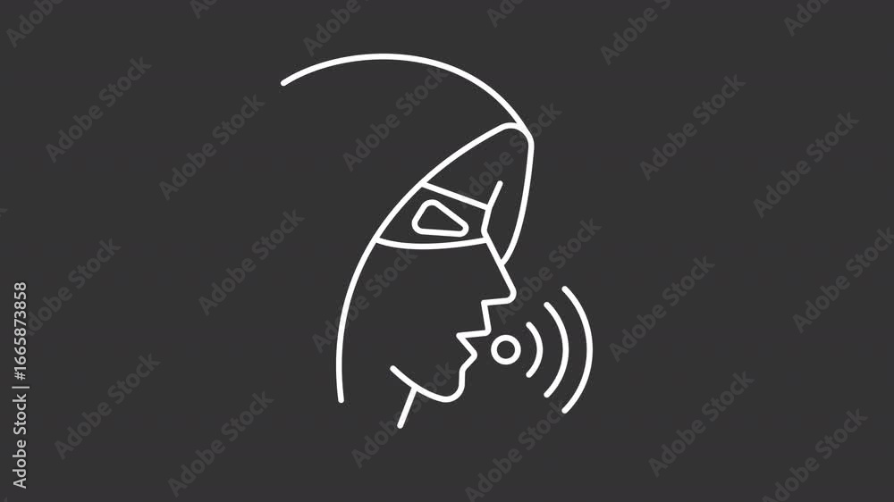 Poster voice phishing white line animation. hacker animated icon. moving mouth, audio waves. online scam, f