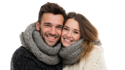 A cheerful couple in warm sweaters and scarves, smiling against a white isolated background.