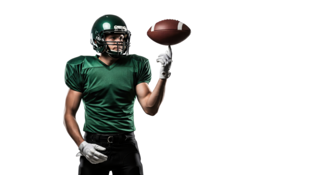 Football Player: A football player skillfully balances a football on one finger, showcasing agility and precision in a display of sporting prowess.
