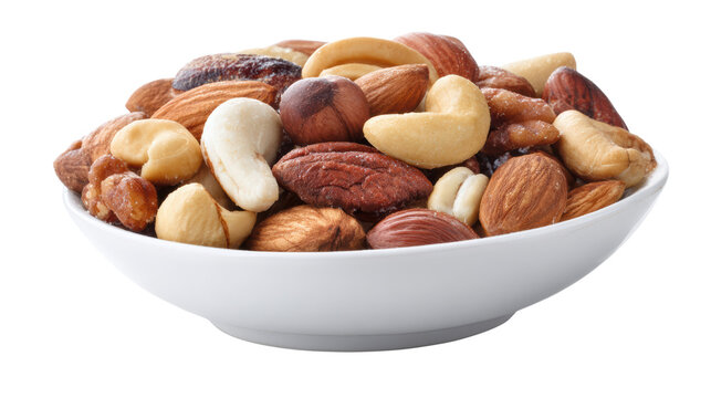 A bowl of mixed nuts including cashews, almonds, and walnuts on a white background.