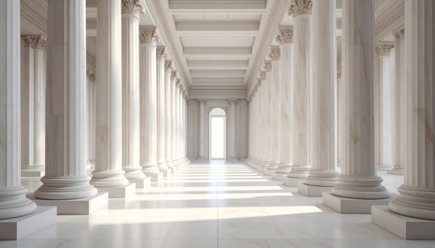A classical Roman colonnade of marble columns lines a corridor in a city, a structure of ancient design
