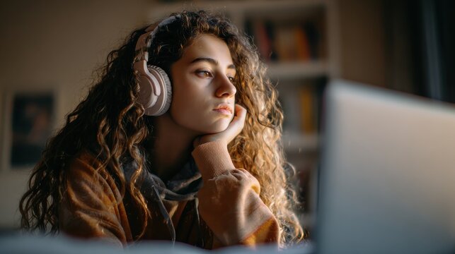 hispanic teen girl latin young woman school college student wear headphones learn watching online webinar webcast class looking at laptop elearning distance course or video calling remote teacher no 