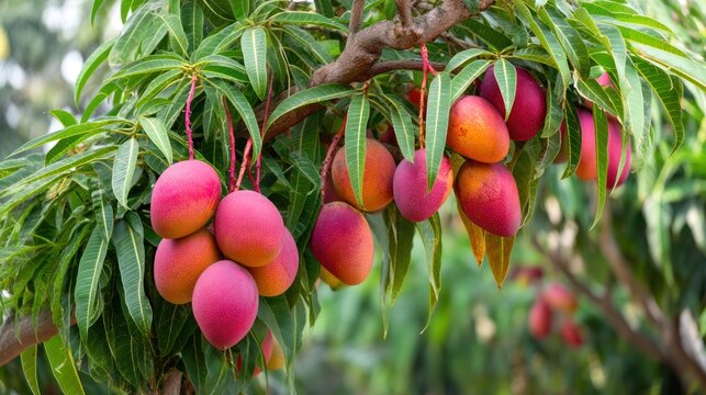 Summer mango tree heavy with ripe fruits