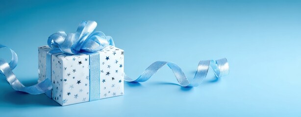 The gift box with blue ribbon on soft pastel background for celebration photography