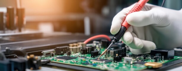 Naklejka premium The Circuit Board Being Tested with Precision Probe by Gloved Technician in Workshop