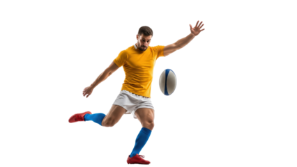 Rugby Player Kicking Ball: A determined athlete showcases skill, kicking a rugby ball with precision, embodying athleticism and strength in action. 