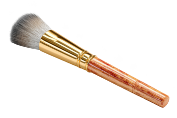 Angled makeup brush with dense, fluffy bristles and a wooden handle