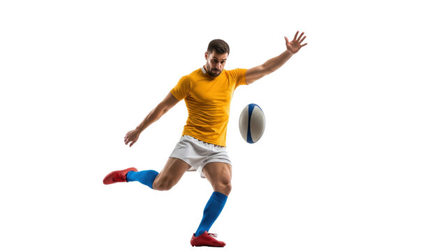 Rugby Player Kicking Ball: A determined athlete showcases skill, kicking a rugby ball with precision, embodying athleticism and strength in action. 