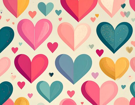 Naklejki Colorful hearts of varying sizes in a repeating pattern on a beige background