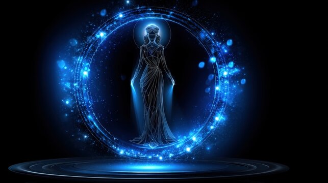 A luminous figure embodies the Virgo zodiac sign, set against a deep black backdrop filled with bright stars. The glowing blue silhouette signifies purity and detail in cosmic elements