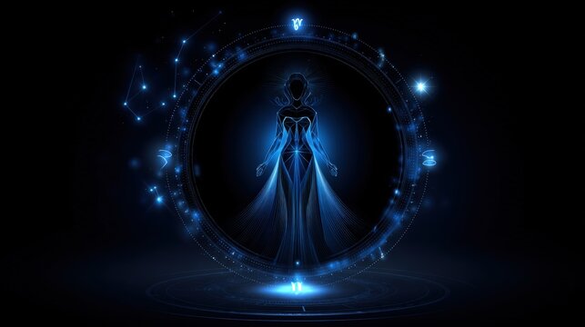A luminous figure embodies the Virgo zodiac sign, set against a deep black backdrop filled with bright stars. The glowing blue silhouette signifies purity and detail in cosmic elements