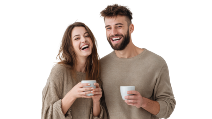 A joyful young couple smiling and holding cups, dressed in cozy sweaters, against a white isolated background.