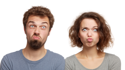 A man and woman making funny faces with exaggerated expressions, isolated on a white background.