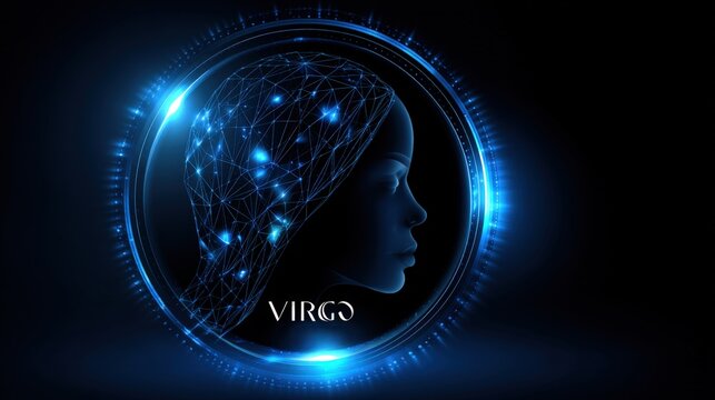 A luminous figure embodies the Virgo zodiac sign, set against a deep black backdrop filled with bright stars. The glowing blue silhouette signifies purity and detail in cosmic elements