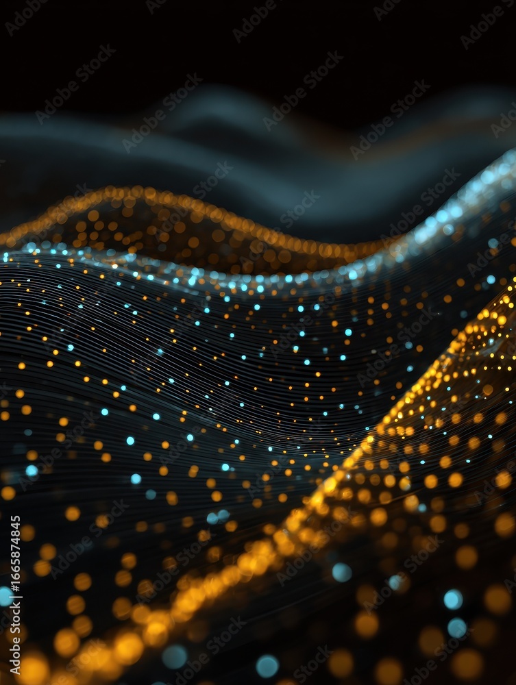 Poster abstract waves of glowing dots and lines on dark background