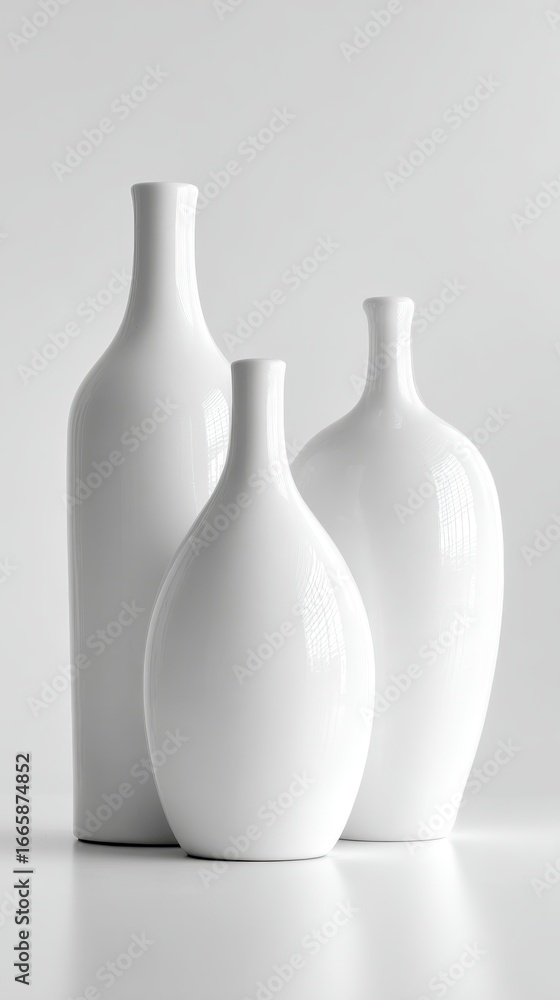 Poster white ceramic vases varying in height and form arranged on pristine surface, highlighting minimalist